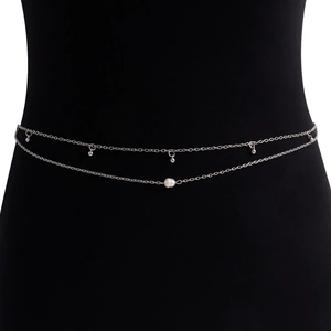 Silver double layer waist chain with metallic beads and a white pearl on a black mannequin