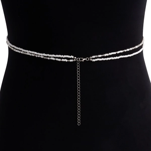 Bohemian double-layer white seed bead waist chain with silver lobster clasp and moon crescent