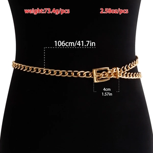 Detail view of gold chunky chain body belt with specs showing 106cm length and 73.4g weight