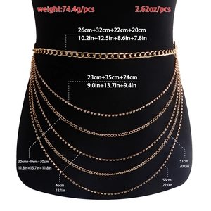Gold multi-layered body chain belt with rhinestones and fringes for bikini and clubwear