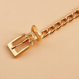 Detail of a thick gold metal link body chain belt with a classic rectangular buckle