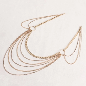 Close-up of layered gold waist chain with rhinestones and metal ring connector details