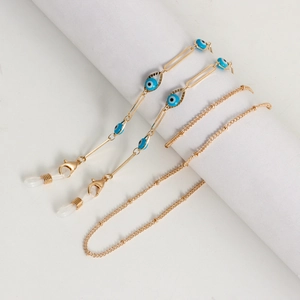 Handmade colorful evil eye glasses chain with gold metal links and non-slip rubber loops