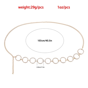 Cintura a catena dorata con cerchi in strass lunghezza 103cm e anelli da 2,8cm