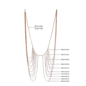 Sexy multi-layered rose gold body chain with crystal fringe and size chart details