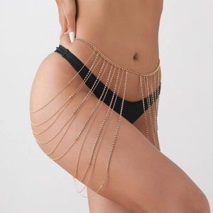Sexy layered gold body chain with rhinestones and tassel design for beach or party wear
