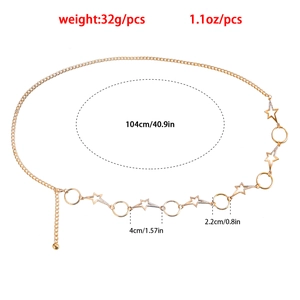 Detailed macro view of gold starfish and hollow circle link body chain with sizing