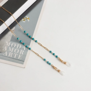 Chaîne en métal doré avec perles turquoise pour lunettes et masques avec fermoirs mousquetons
