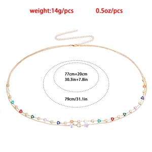 Double-layer gold belly chain with purple butterfly, colorful hearts and rhinestones