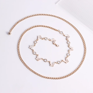 Elegant gold metal waist chain for women with white butterfly charms and sparkling rhinestones