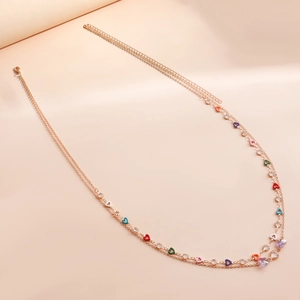 Double-layered golden waist chain featuring colorful heart charms and purple butterfly accents