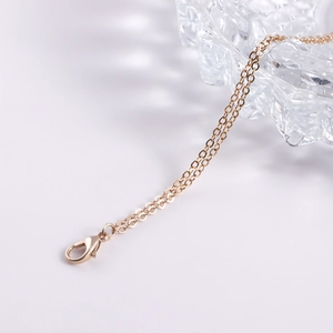 Detail shot of the golden chain link with a lobster clasp closure on a white surface