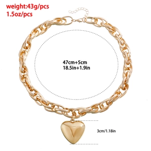 Gold chunky O-chain necklace with a large heart pendant and size specifications