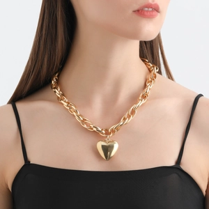 Vintage Chunky O-Chain Heart Pendant Necklace For Women Metal Electroplated Punk Style Statement Jewelry Gold Silver