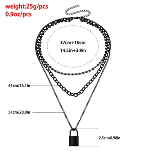 Three-layer black chain necklace with lock pendant and size dimensions for women