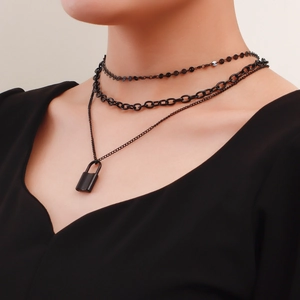 Three-layer minimalist black chain necklace with padlock pendant for women and teens