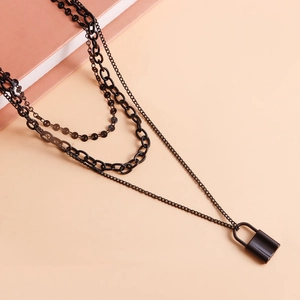 Three-layer black multi-strand necklace with padlock pendant and chunky curb chain details