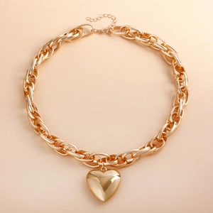 Chunky gold hollow O-chain necklace featuring a large heart pendant and adjustable clasp