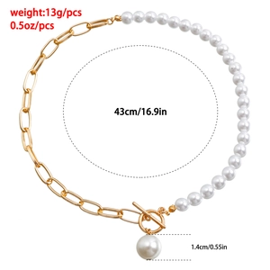 Minimalist OT buckle necklace with gold chain and woven faux pearl pendant details