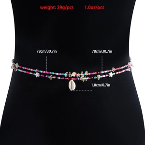 Detail view of colorful beaded waist chain with shell pendant and size measurements