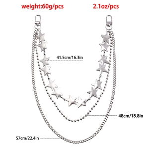 Three-layer silver metal waist chain with star charms and lobster clasps for jeans