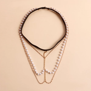 Cadena de pierna sexy multicapa con perlas blancas y cadenas doradas para mujer