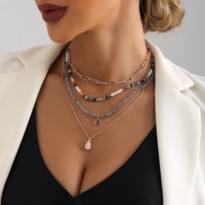 Collana a Strati Bohemienne in Lega Oro con Perline per Donna Perla Artificial Sintetica Ciondolo a Goccia Cuore Gioielli Vintage