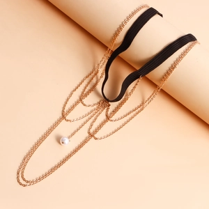 Catena da gamba elastica dorata multistrato con frange di perle per la spiaggia