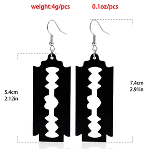 Fashionable black acrylic razor blade earrings with silver hooks and 7.4cm total length