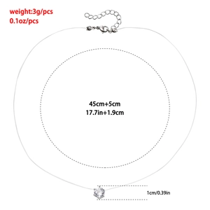 Minimalist zircon pendant on invisible line necklace with sizing and weight details