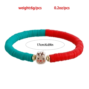 Handmade Christmas clay bracelet with red and green beads and a reindeer pendant charm