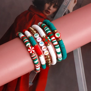 6-piece handmade Christmas Heishi bead bracelet set with festive charms and GIFTS letters