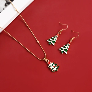 Detail view of Christmas tree jewelry set with enamel earrings and beaded chain necklace