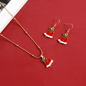 Detailed Christmas jewelry set with festive red bells, necklace and hook earrings
