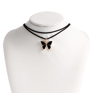 Collier ras du cou double couche en velours noir avec pendentif papillon en alliage