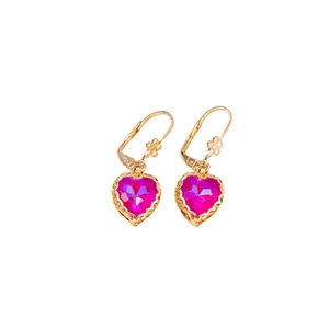 Elegant gold French leverback heart earrings with purple crystal and floral accents