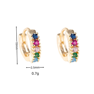 Detail showing dimensions of 10mm gold earrings with colorful zircon stone inlay