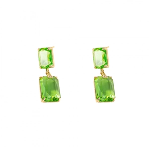 Elegant gold drop earrings featuring rectangular green crystals with a geometric facet cut