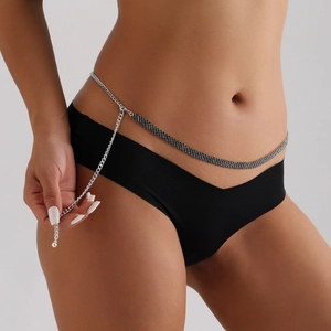 Sexy Taillenkette für Damen mit schwarzen Kristallen und Gliedern aus Silber-Metall