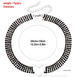 Mehrlagiges schwarzes Strass-Chokerhalsband mit silbernem Herzanhänger
