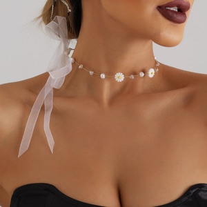 Gold Legierung Kropfband Halskette Weiß Gänseblümchen Künstliche Perle Strass Band Schleife Für Damen Hochzeit Brautschmuck Geschenk