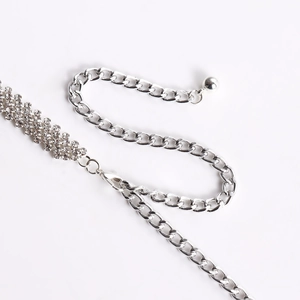 Détail de la chaîne de taille argentée avec strass en cristal et fermoir mousqueton