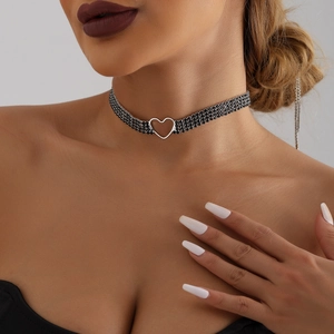 Mehrlagige Schwarze Strass Herz Choker Halskette Für Damen Legierung Silber Gold Farbe Hohlherz Anhänger Party Schmuck Choker