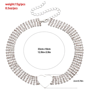 Multi-layer silver choker necklace with rhinestones and hollow heart pendant charm