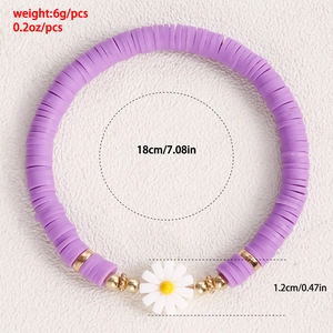 Bohemian purple clay bead bracelet with white daisy charm and dimension annotations