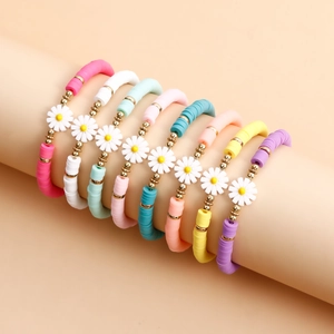 Handmade Polymer Clay Heishi Bead Bracelet For Women Colorful Daisy Flower Charm Bohemian Beach Summer Jewelry Gift
