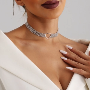 Sparkling silver multi-layered choker with hollow heart pendant and rhinestones