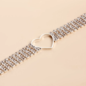 Detailed close-up of a multi-row sparkling heart rhinestone necklace with silver finish