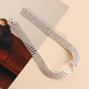 Detail of four-row rhinestone choker with heart pendant and adjustable lobster clasp