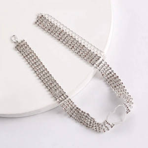 Detail view of five-row rhinestone choker with heart pendant and adjustable clasp